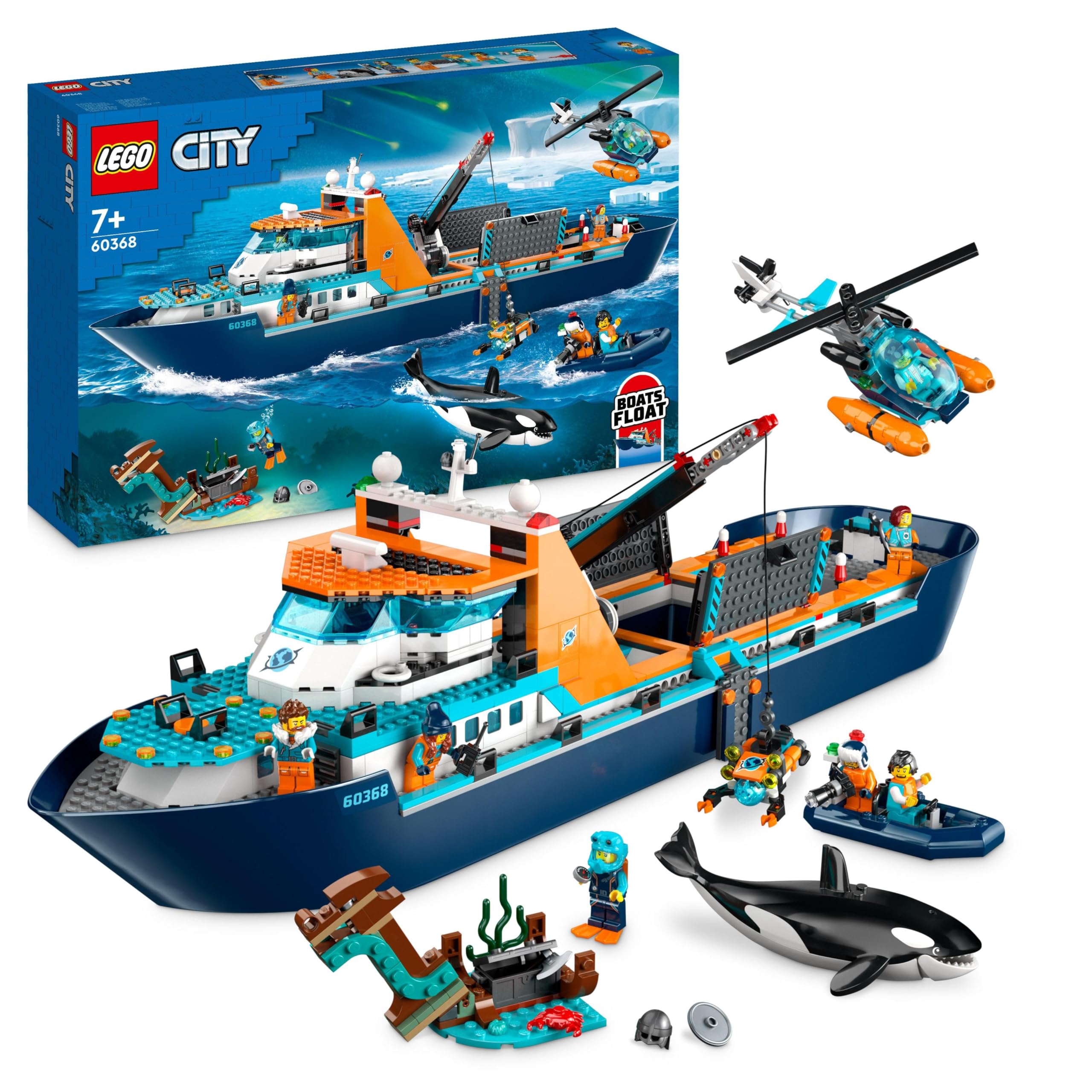 LEGO City 60368 Arktis-Forschungsschiff – Spielzeug-Boot mit Hubschrauber & 7 Minifiguren